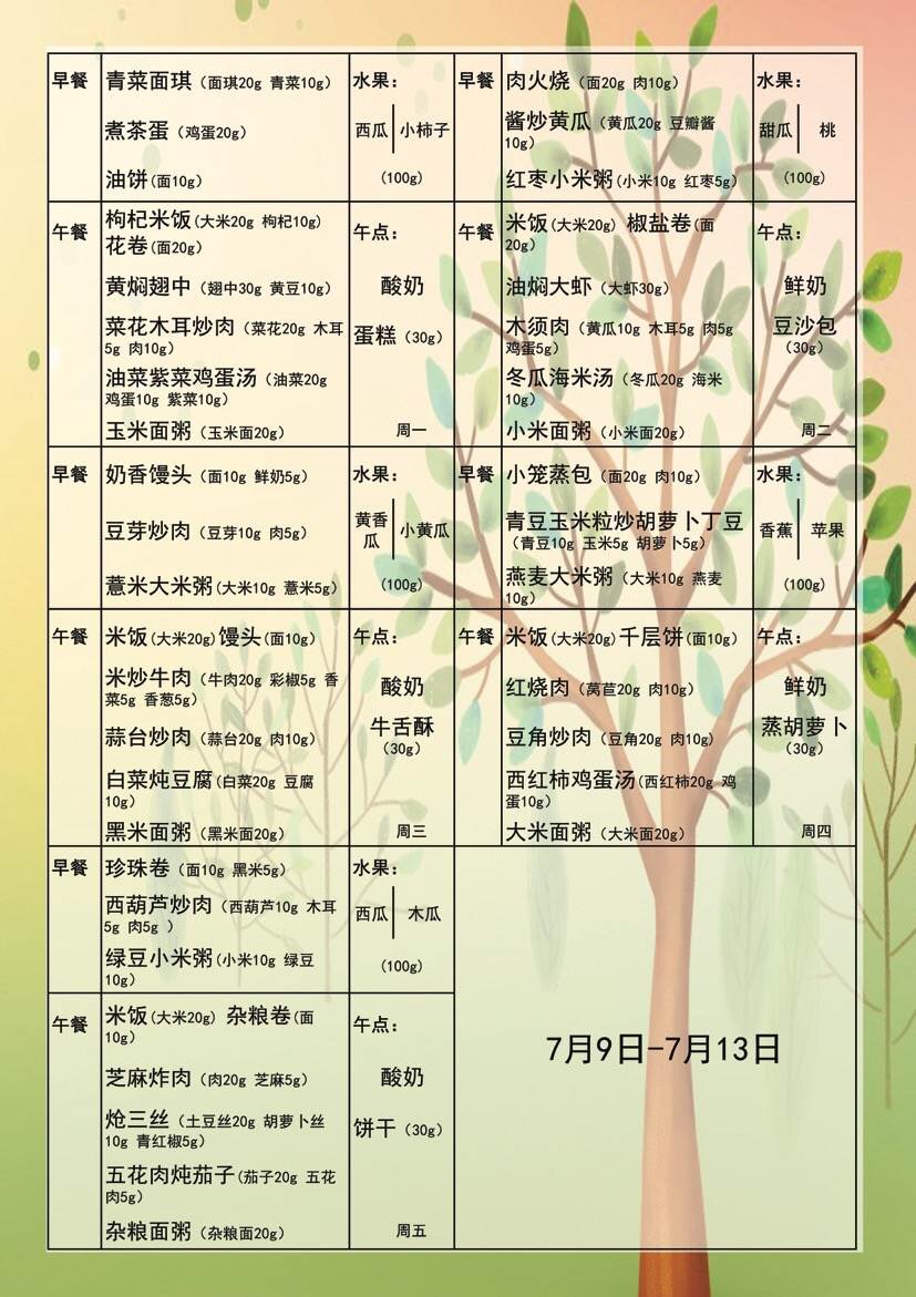 淄博市青少年宫幼儿园7月09日-7月13日食谱